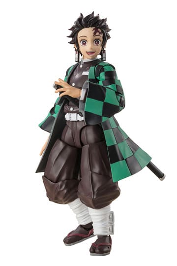 A Tanjiro Kamado action figure from Demon Slayer, featuring his signature green and black checkered haori jacket, dark brown pants, white leg wraps, and sword hilt, set against a plain white background.